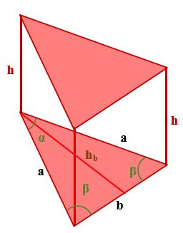 Призма с равнобедренным треугольником в основании с обозначенными высотой равнобедренного треугольника, сторонами и углами