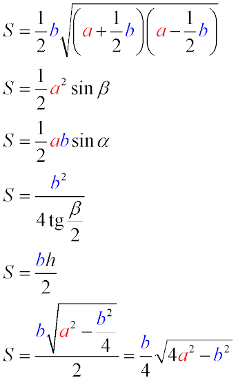 Формулы нахождения площади равнобедренного треугольника через его стороны и углы, а также через основание и высоту