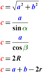 Формулы нахождения длины гипотенузы через катеты, катет и угол, радиус вписанной и описанной окружности