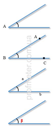 Обозначение углов на геометрических рисунках и схемах различными способами