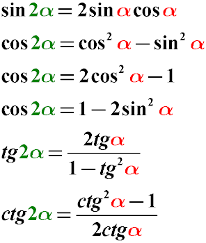 Формулы тригонометрических тождеств преобразования двойного угла альфа в одинарный. 2α в α