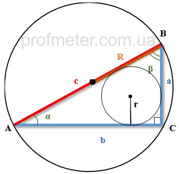 Прямоугольный треугольник, вписанный в окружность, на котором отмечена гипотенуза, центр окружности, вписанная окружность, размеры сторон и углы, радиус вписанной и описанной окружностей