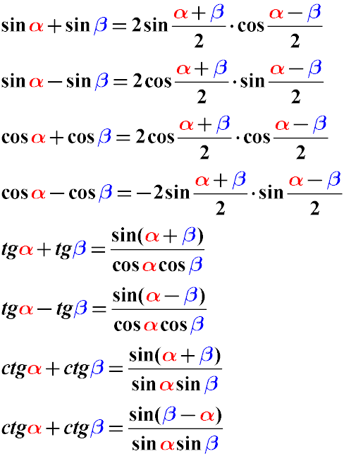 Формулы преобразования суммы или разности тригонометрических функций двух разных углов в их произведение