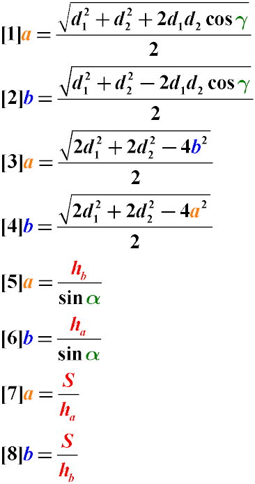 Формулы для нахождения сторон параллелограмма через его диагонали и углы, а также через площадь и высоту
