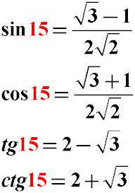 Значения синуса, косинуса и тангенса для угла 15 градусов. sin 15, cos 15, tg 15, ctg 15