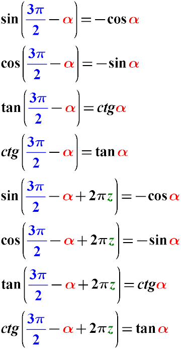 Формулы приведения тригонометрических функций с аргументом угла вида ( 3pi/2 - a) для sin ( 3pi/2 - a), cos ( 3pi/2 - a), tg( 3pi/2 - a), ctg( 3pi/2 - a) 