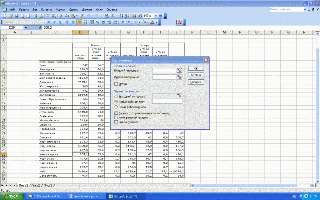 Диалоговое окно "гистограмма" в Excel