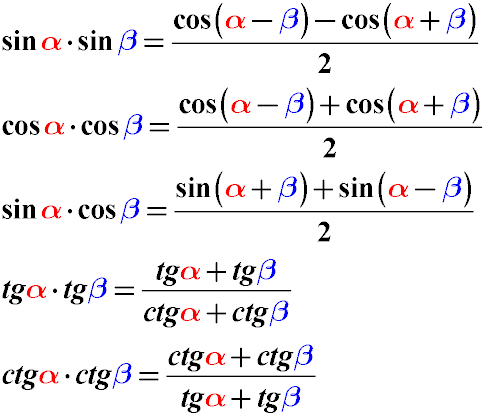Тригонометрические формулы преобразования произведения функций разных углов в их сумму или разность. Преобразование sin a * sin b, cos a * cos b, tg a * tg b