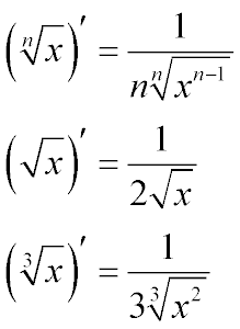 Формула нахождения производной квадратного корня, кубического корня и корня произвольной степени