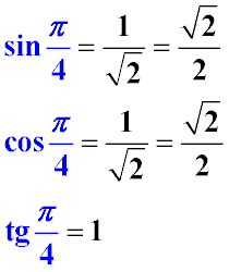 Значение синуса, косинуса и тангенса пи/4. sin pi/4, cos pi/4, tg pi/4