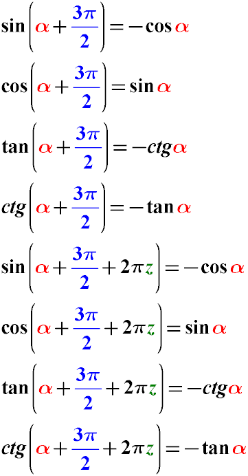 Формулы приведения тригонометрических функций вида sin (a + 3pi/2), cos(a + 3pi/2), tg(a + 3pi/2) к более простому виду. Преобразование аргументов функций альфа плюс 3pi/2