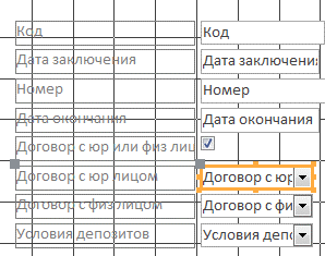 Форма редактирования содержимого таблицы Access, в которой часть полей предполагает ввод данных через выпадающий список