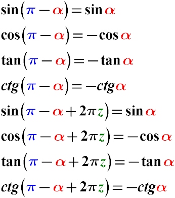 Формулы приведения аргумента функции пи минус альфа (pi - a) для sin cos tg ctg (pi - a) Формулы приведения аргумента функции пи минус альфа (pi - a) для sin cos tg ctg (pi - a)
